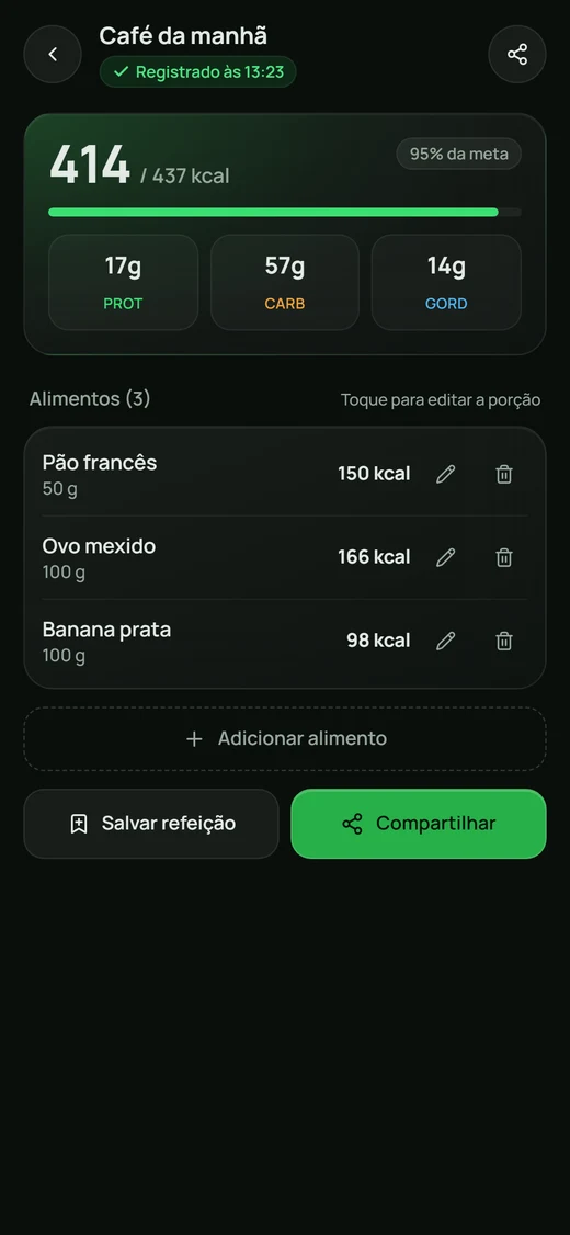 Detalhe de uma refeição com calorias, proteína, carboidrato, gordura e os alimentos
