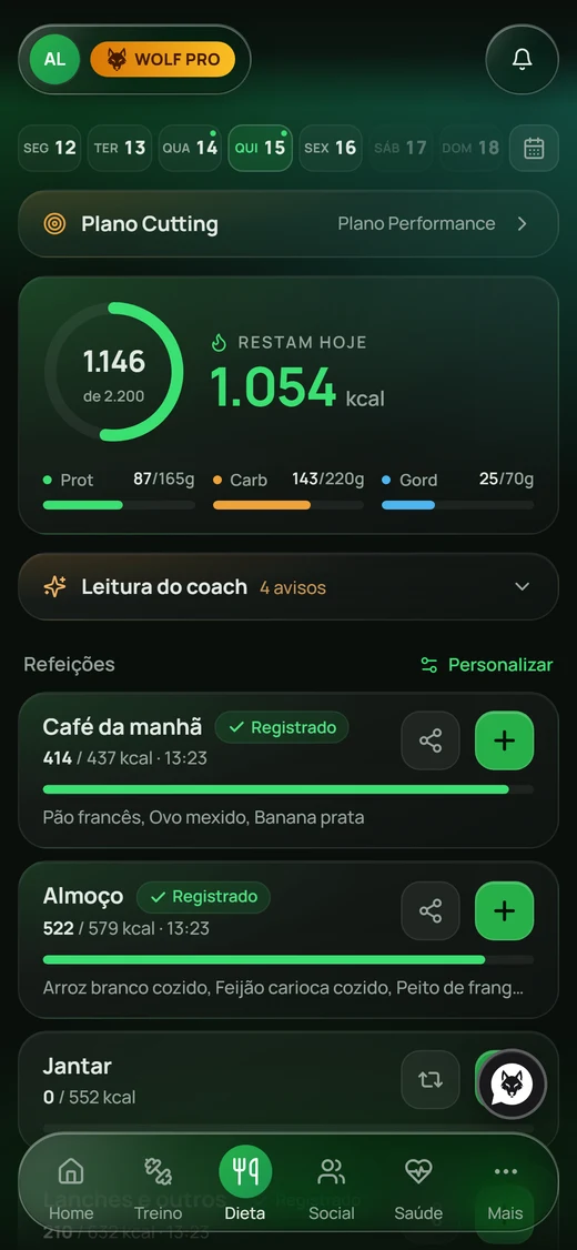 Plano alimentar do dia com calorias restantes, macros e as refeições registradas
