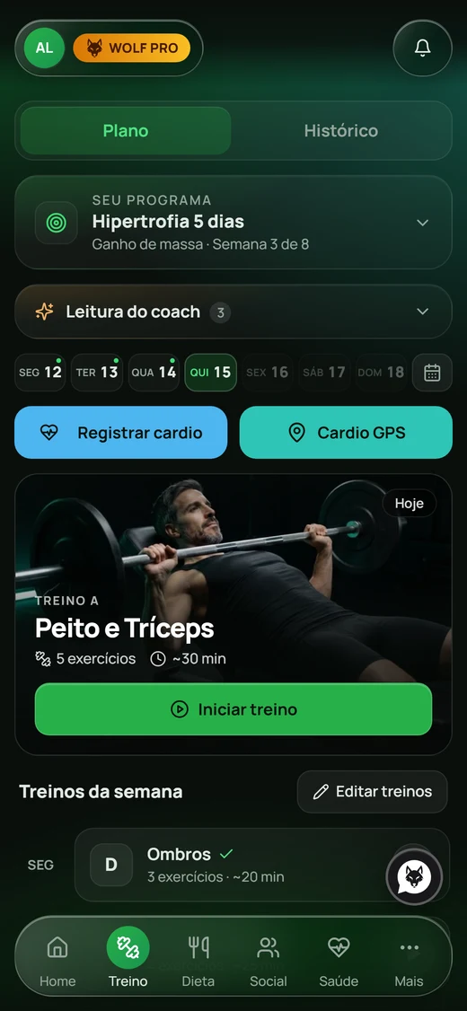 Plano de treino com o programa ativo, os treinos da semana e o botão de iniciar