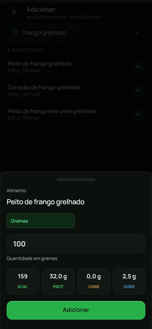 Ajuste da porção em gramas com os macros recalculados na hora