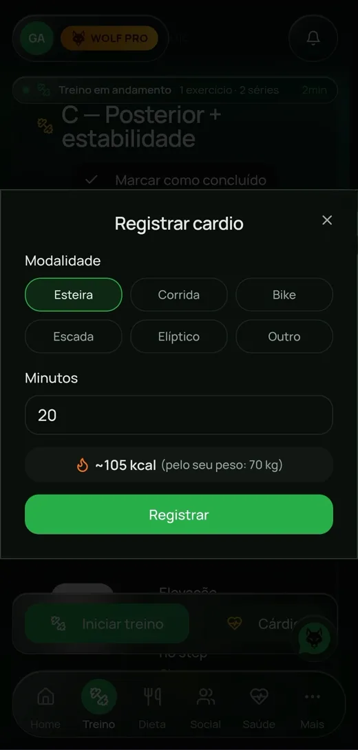 Registro de cardio no Iron Wolf App
