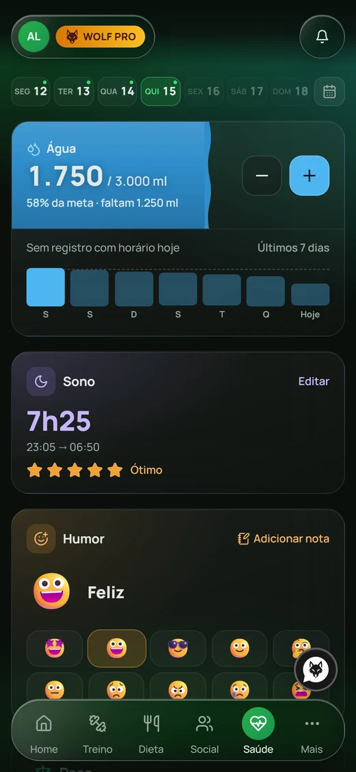 Registro de saúde com água, sono e os últimos sete dias