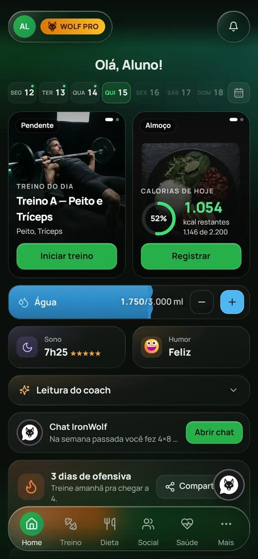 Tela inicial do Iron Wolf App com treino do dia, calorias, água, sono e humor